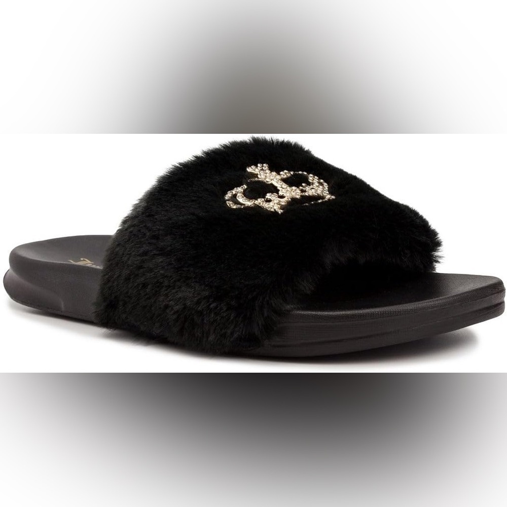 Juicy Couture Plush Black Faux Fur Diamond Crown Slides Y2K Slippers Cute Trendy
